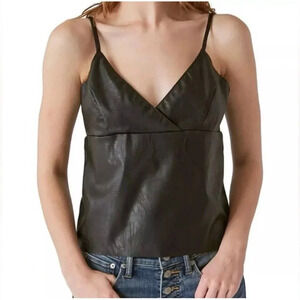 LUCKY BRAND Faux Leather V-Neck Black Camisole Tank Top Women’s Size Small